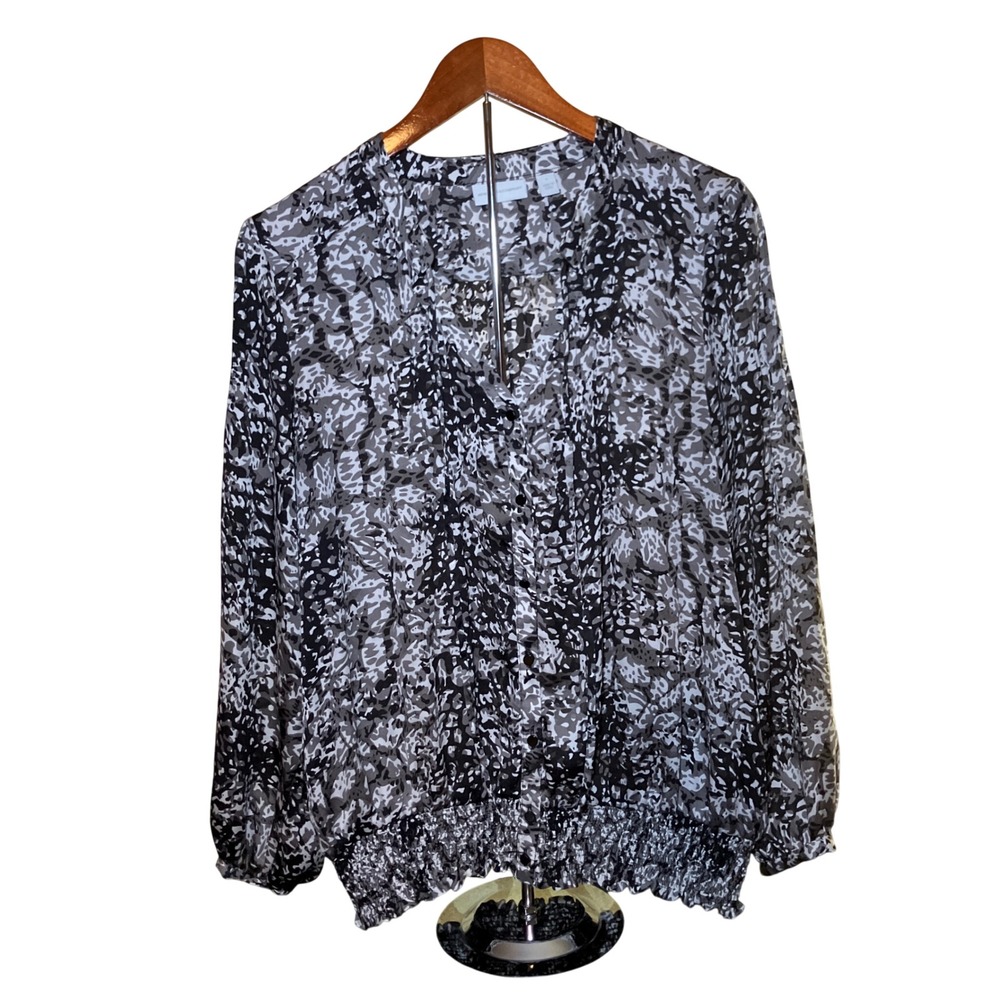 New York & Company Blouse Women's Medium Grey Black Animal Print Smocked Hem